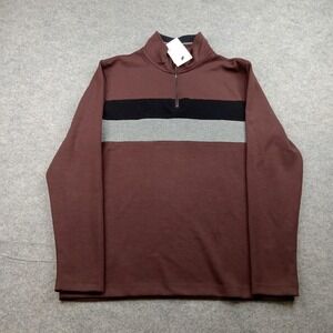 Magaschoni Sweater Mens Medium Brown Striped‎ Quarter Zip Mock Neck Pullover